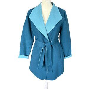 Talbots Petites 2P double faced belted teal and light blue collared wool jacket
